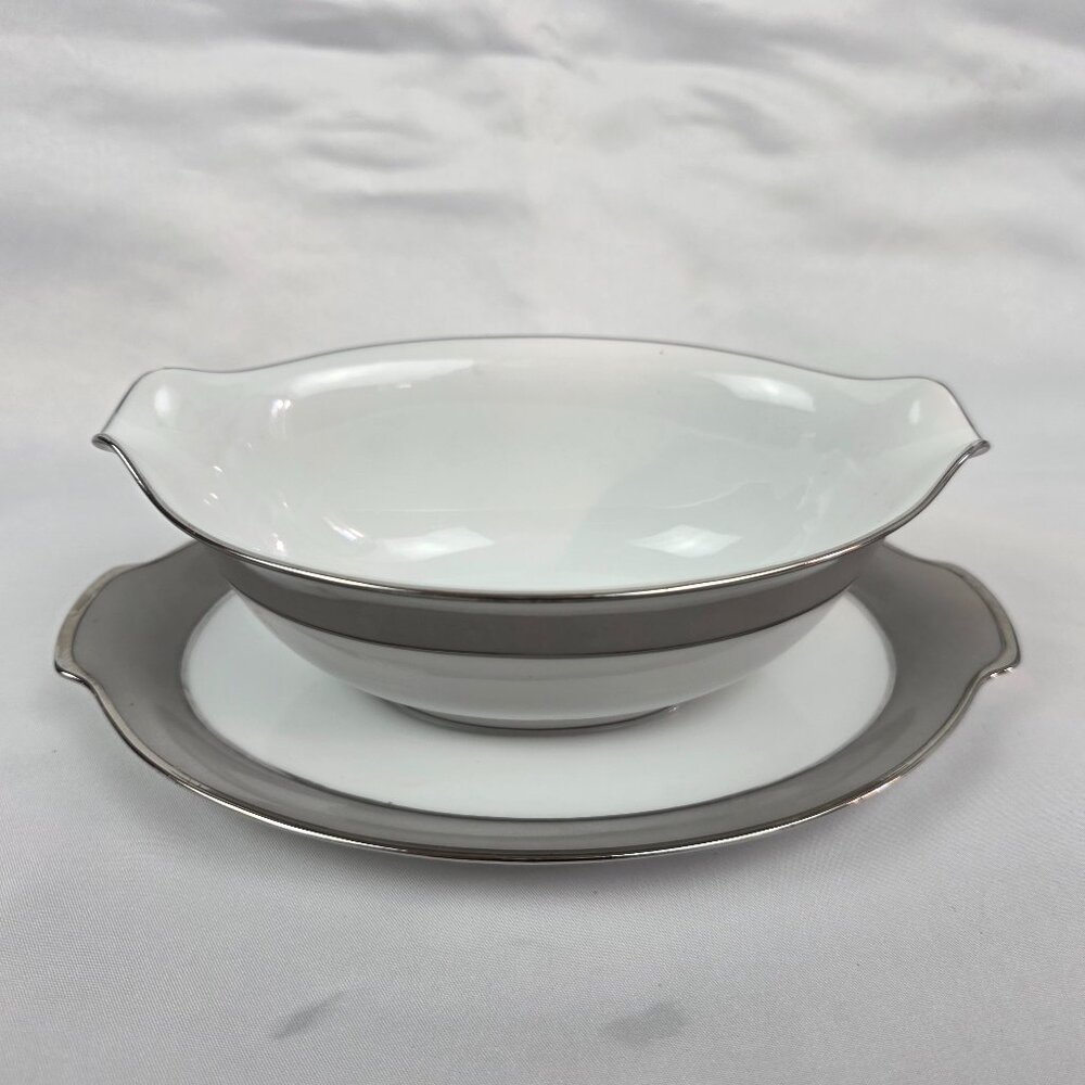 Sango Plantina Gravy Boat with Underplate Gray Band Platinum Trim